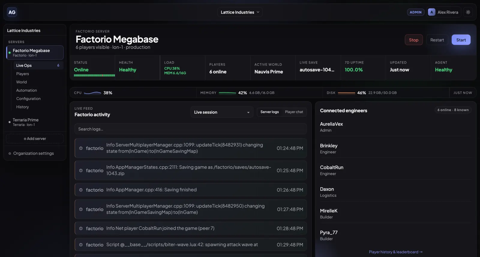 The Administrate.Games live-ops view: a Factorio server's console and player chat side by side